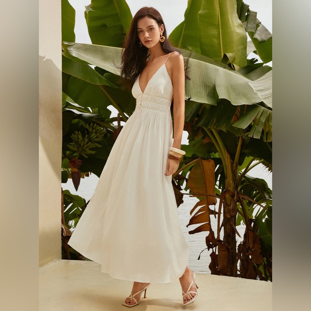 Commense Backless Pleated Deep V-Neck Dress